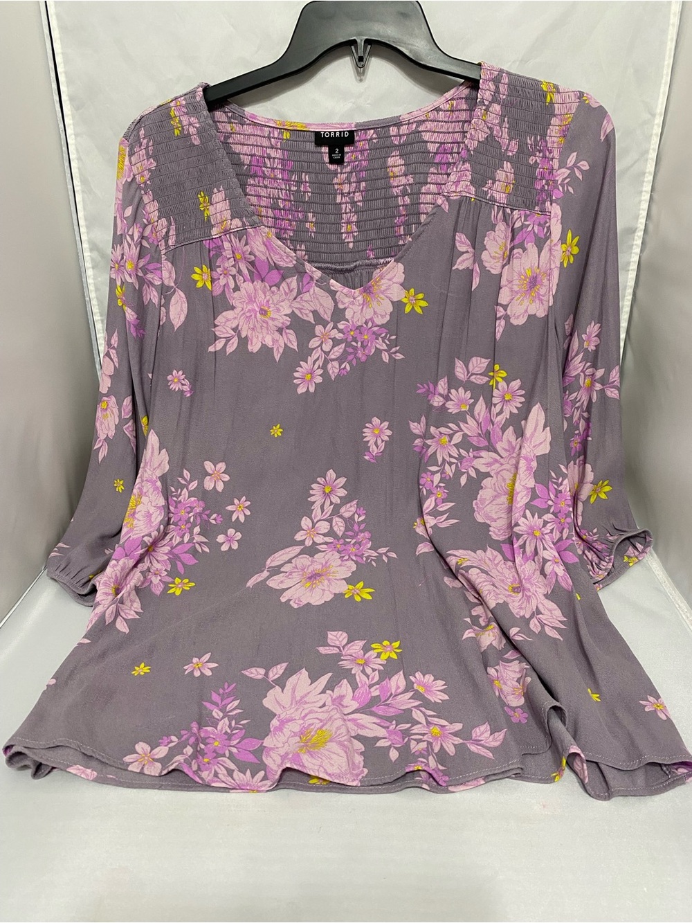 torrid Lavender Floral Smocked Yoke Tunic with Pink & Yellow Blooms